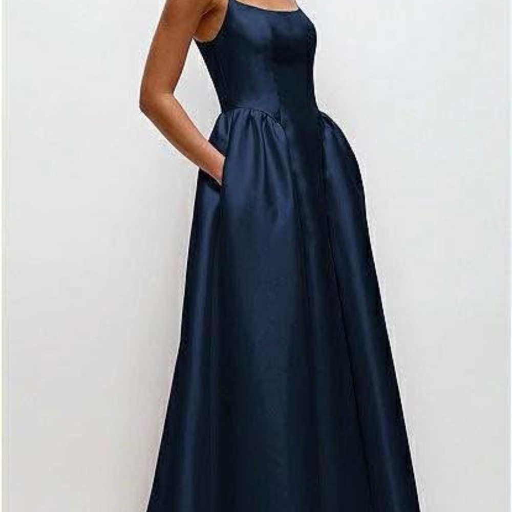 DESSY COLLECTION BASQUE SKIRT SATIN MAXI DRESS W/POCKETS IN MIDNIGHT NAVY - Picture 3 of 3